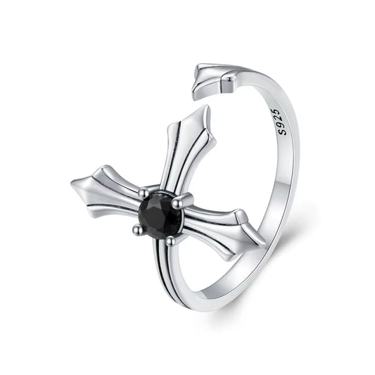 925 Sterling Silver Black Cross Opening Rings for Women Retro Punk Vintage Cross Ring Fine Jewelry Gift CQR939-E