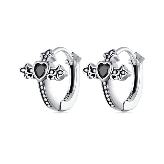 Vintage 925 Sterling Silver Black Zircon Cross Hoop Earrings Women Retro Punk Cross Ear Buckle Hip Hop Jewelry Lucky Gift