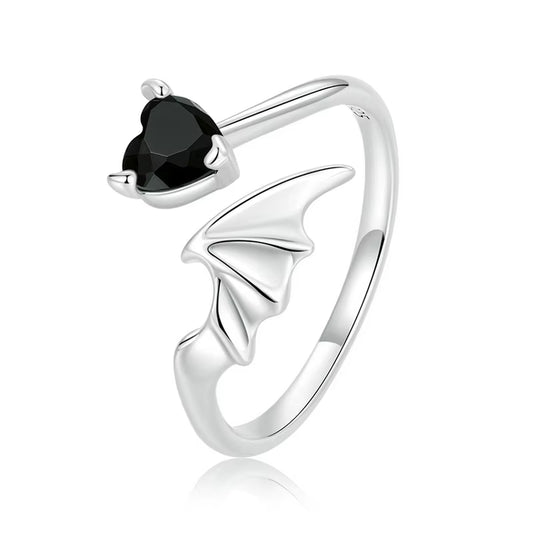 925 Sterling Silver Black Heart Zircon Open Ring for Womem Retro Devil Wing Rings Punk Jewelry Girl Party Birthday Gift