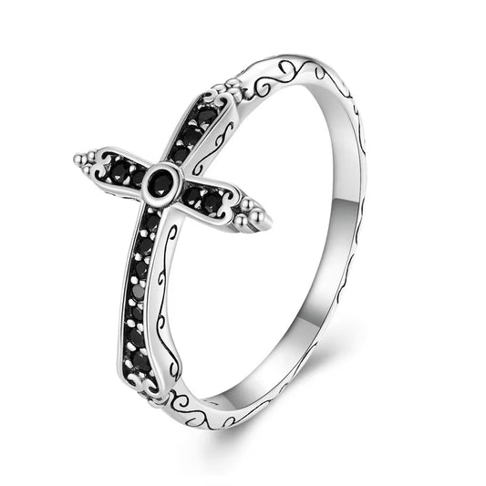 Vintage 925 Sterling Silver Black Zircon Cross Rings for Women Retro Punk Stackable Ring Hip Hop Jewelry Gift CQR930