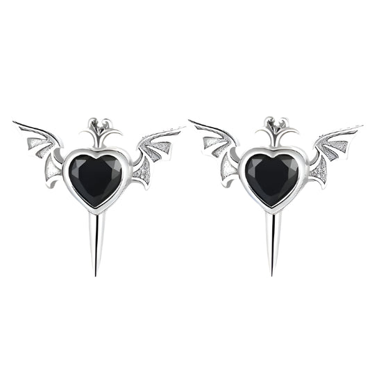 100% 925 Sterling Silver Heart Wings Stud Earrings Punk Goth Red Black Zircon Earrings for Women Fine S925 Jewelry Gifts