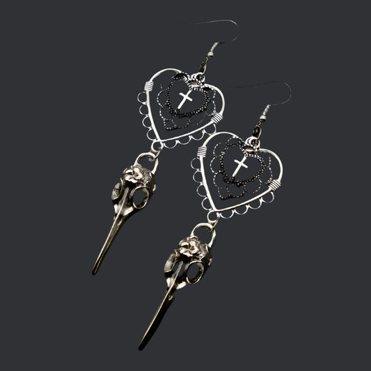 Gothic Heart Cross Bird Skull Earrings Jewellery Design Dark Art Goth Aesthetic Dangle Earrings for Alternative Girl Punk Gifts