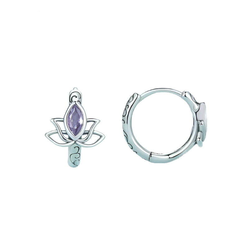 925 Sterling Silver Lotus Hoop Earrings Purple Crystal Flower Drop Earring Pendiente Party Jewelry Gift Hollow-Out Brincos