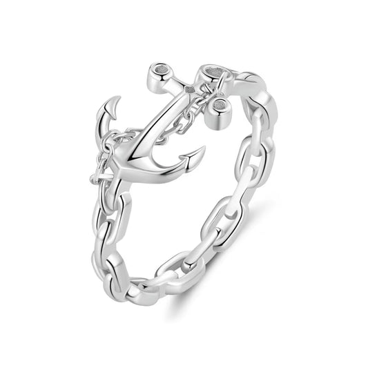 Classical Anchor Ring for Women Real 925 Sterling Silver Cuban Chain Link Rings Punk Gift Party Jewelry CQR949