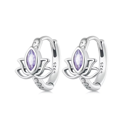 925 Sterling Silver Lotus Hoop Earrings Purple Crystal Flower Drop Earring Pendiente Party Jewelry Gift Hollow-Out Brincos