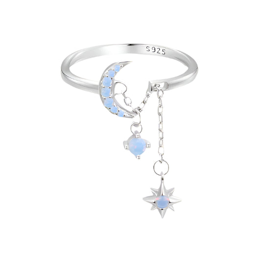 Real 925 Sterling Silver Star Moon Link Ring for Women Sparkling Blue Opal Adjustable Rings Original Jewelry Gift BSR548