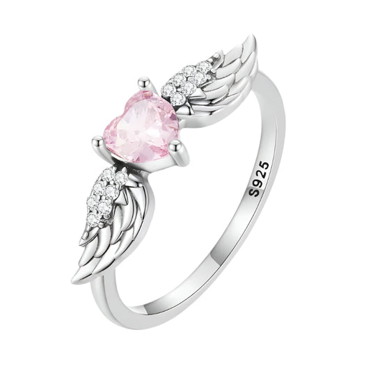 Real 925 Sterling Silver Angle Wing Love Pink Crystal Heart Rings for Women Wedding Engagement CZ Ring Fine Jewelry Gifts