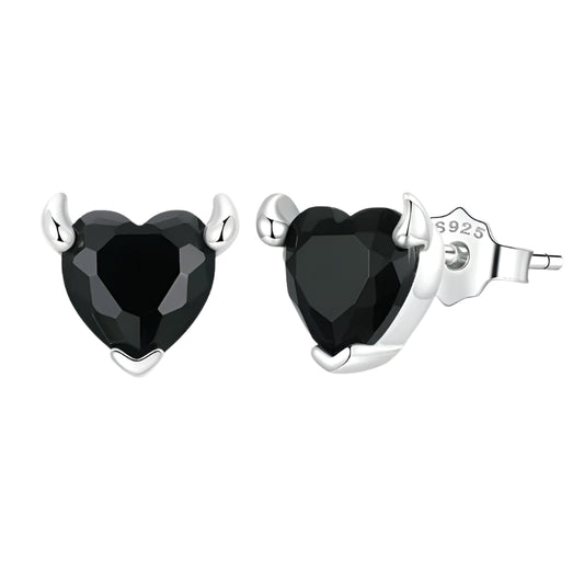 Classic 100% 925 Sterling Silver Devil Heart Ear Studs Earrings Exquisite Black Zircon Earrings Fine Anniversary Jewelry