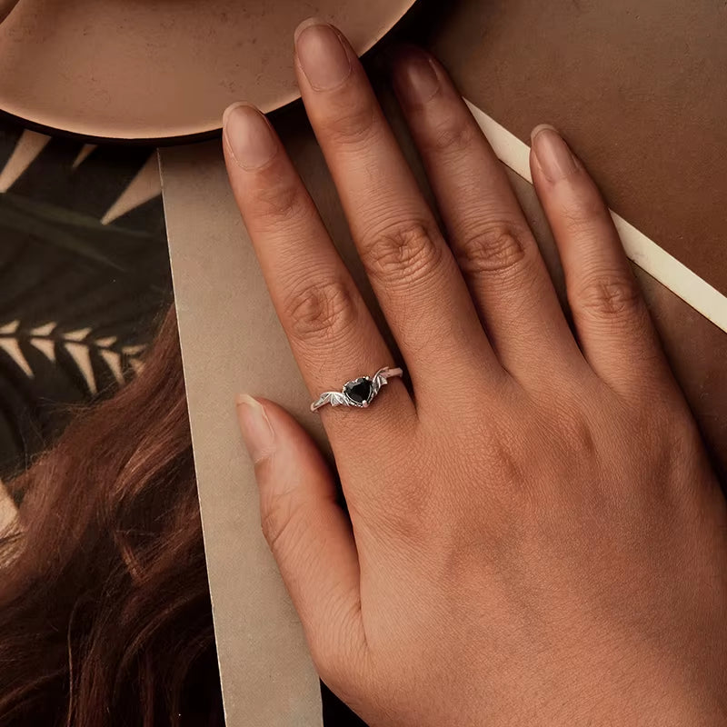 925 Sterling Silver Black Heart Zircon Open Ring for Womem Retro Devil Wing Rings Punk Jewelry Girl Party Birthday Gift