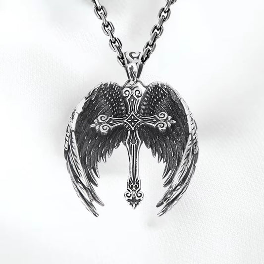 Vintage Angel Wings Cross Necklace for Women Men Trend Punk Feather Guard Pendant Sweater Chain 2024 New Jewelry Wholesale