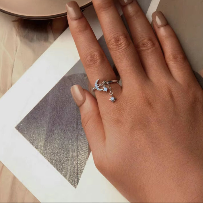 Real 925 Sterling Silver Star Moon Link Ring for Women Sparkling Blue Opal Adjustable Rings Original Jewelry Gift BSR548