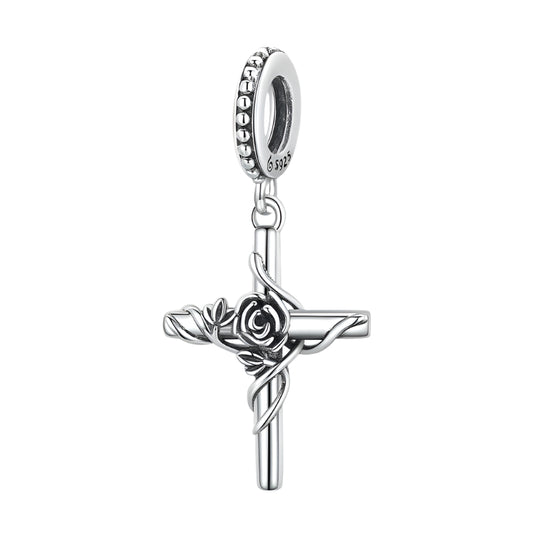 925 Sterling Silver Dark Style Rose Vines Cross Charm Charm Beads Fit Original Bracelet DIY Jewelry CTC526