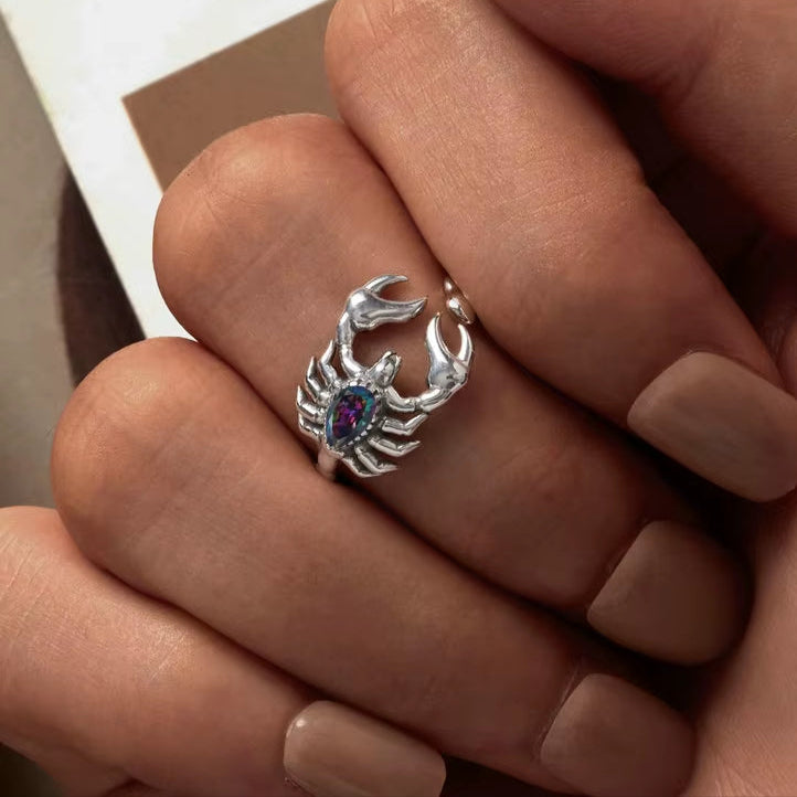 925 Sterling Silver Retro Scorpion Rings Women Creative Desert Animal Rainbow Mystic Crystal Punk Ring Girl Hip Hop Gift