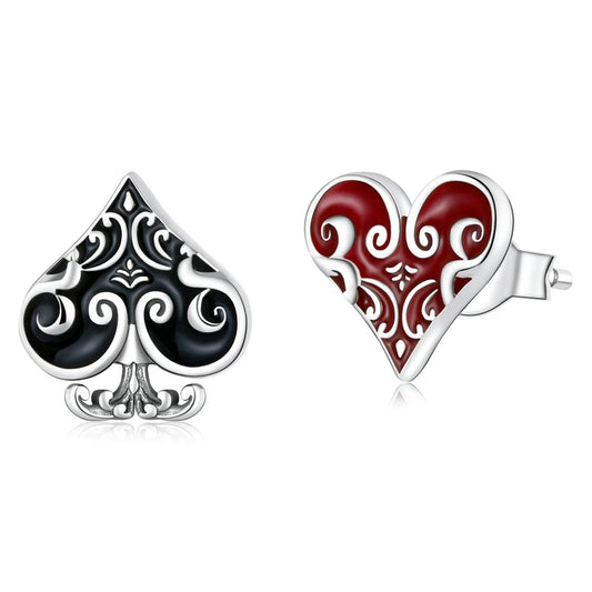 925 Sterling Silver Poker Heart Asymmetrical Black Red Stud Earrings for Women Fashion Party Jewelry Gift CQE1378