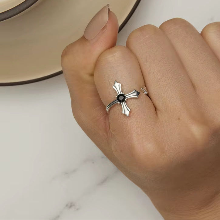 925 Sterling Silver Black Cross Opening Rings for Women Retro Punk Vintage Cross Ring Fine Jewelry Gift CQR939-E