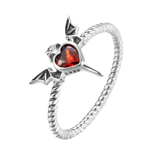 925 Sterling Silver Punk Goth Bat Wings Braided Ring Black Heart CZ Retro Rings for Women Halloween Jewelry Gift Hiphop