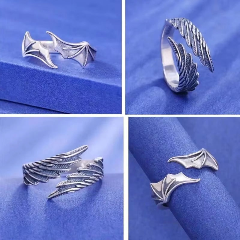 2Pcs/Pack Vintage Angel Wing Demon Eye Hip Hop Adjustable Couples Rings for Men Women Retro Silver Color Jewelry New