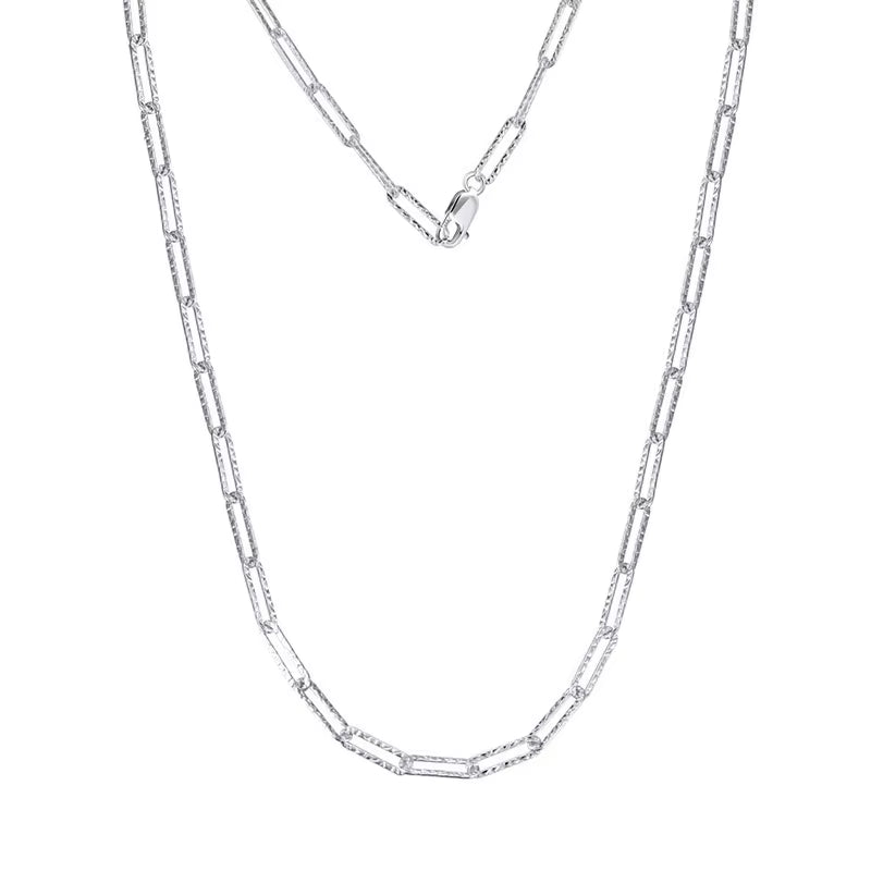 Genuine 925 Sterling Silver Paper Clip Necklace Basic Box Chain Bead Stackable Necklace for Women Jewelry Accessores 45Cm