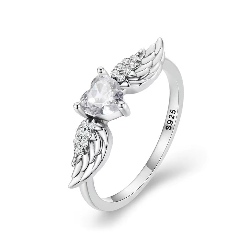 Real 925 Sterling Silver Angle Wing Love Pink Crystal Heart Rings for Women Wedding Engagement CZ Ring Fine Jewelry Gifts