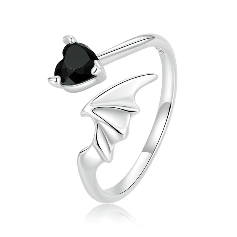 925 Sterling Silver Black Heart Zircon Open Ring for Womem Retro Devil Wing Rings Punk Jewelry Girl Party Birthday Gift