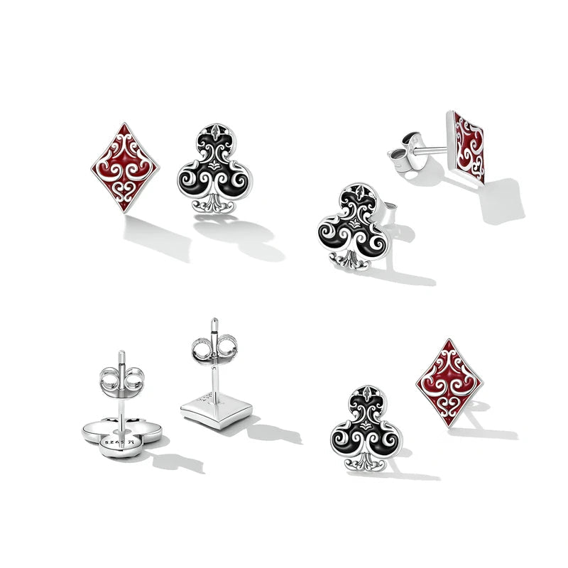 925 Sterling Silver Poker Heart Asymmetrical Black Red Stud Earrings for Women Fashion Party Jewelry Gift CQE1378