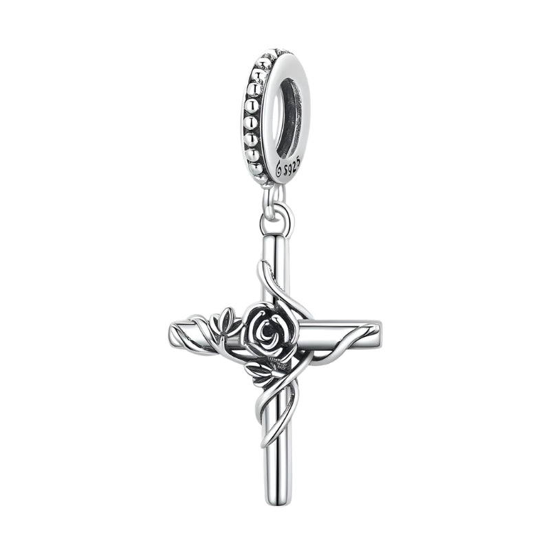 925 Sterling Silver Dark Style Rose Vines Cross Charm Charm Beads Fit Original Bracelet DIY Jewelry CTC526